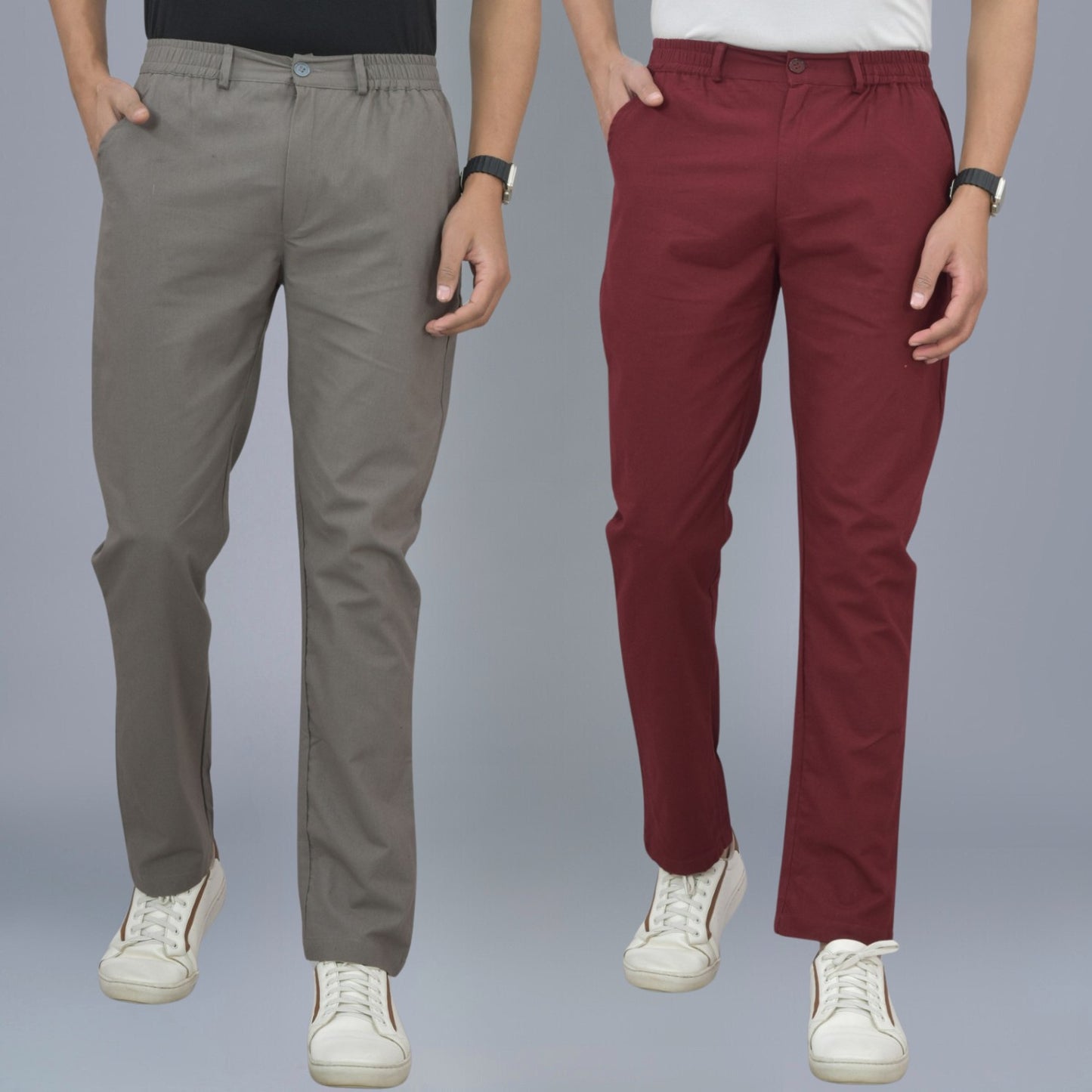 Pack Of 2 Grey And Wine Airy Linen Summer Cool Cotton Comfort Pants For Men