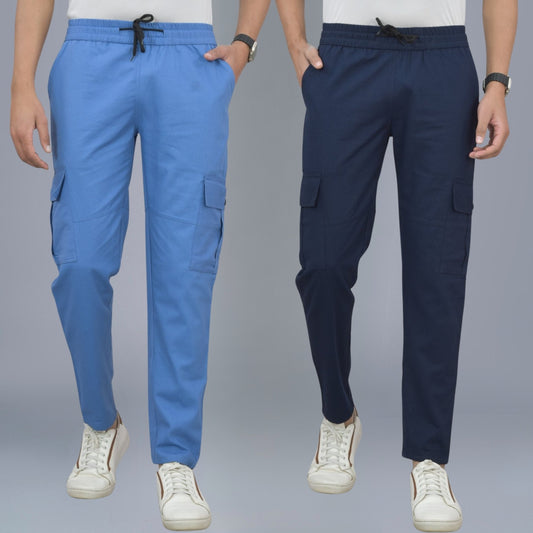 Pack Of 2 Mens Blue And Navy Blue Twill Straight Cargo Pants Combo