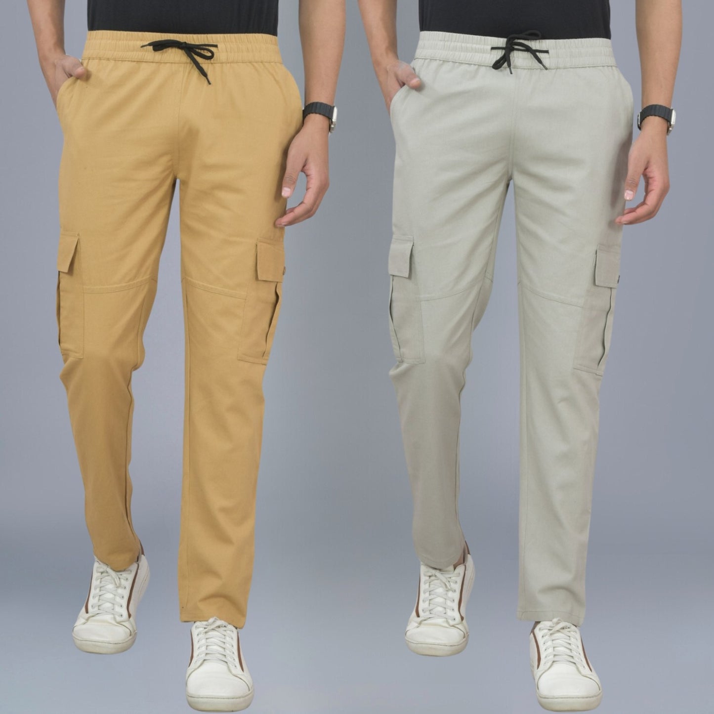 Pack Of 2 Mens Khaki And Melange Grey Twill Straight Cargo Pants Combo