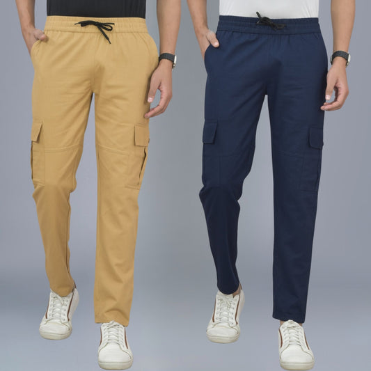 Pack Of 2 Mens Khaki And Navy Blue Twill Straight Cargo Pants Combo