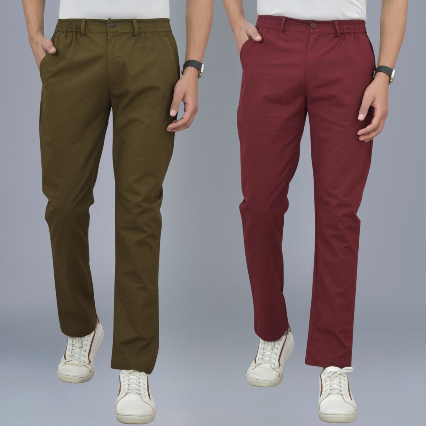 Combo Pack Of Mens Mehendi Green And Wine Regualr Fit Cotton Trouser
