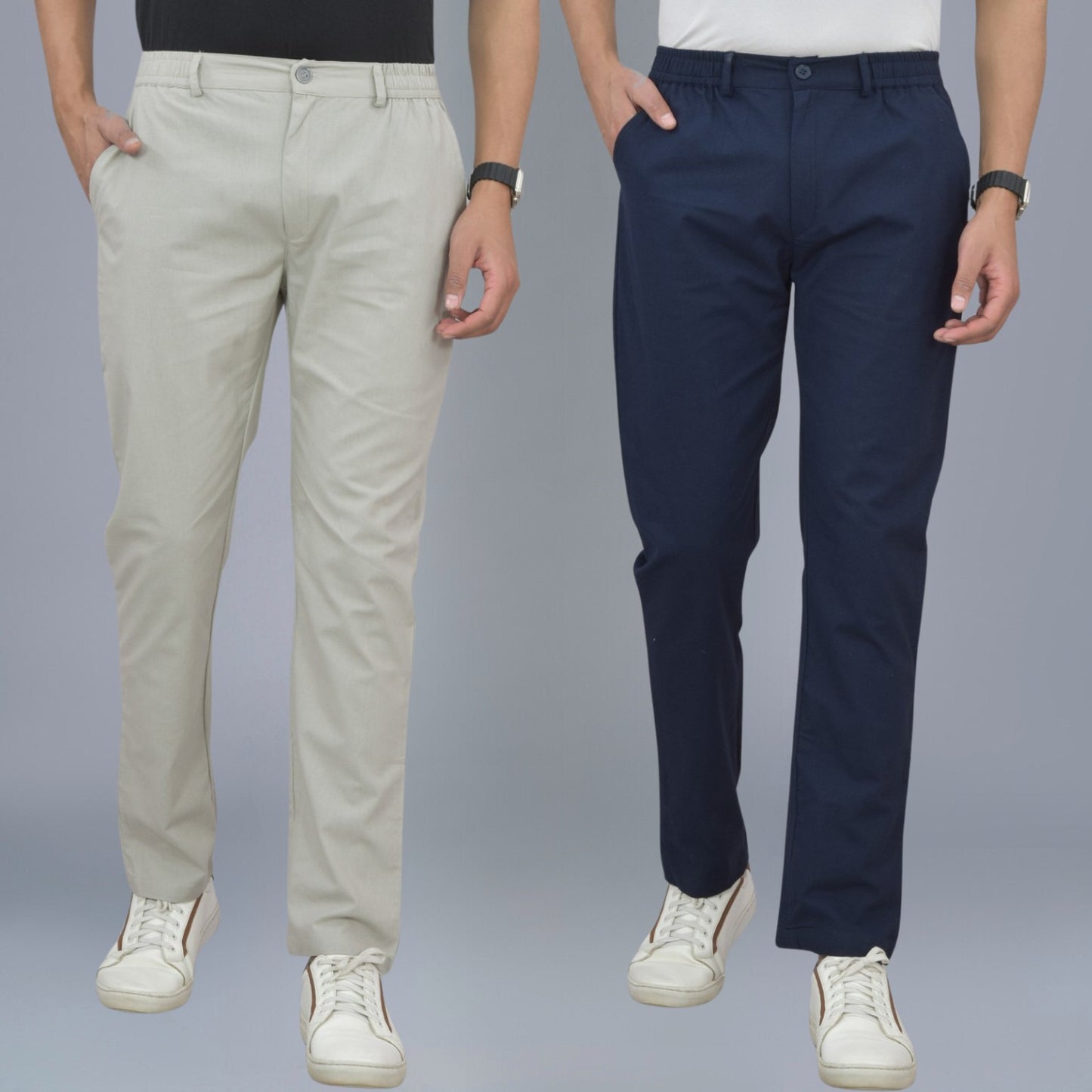Pack Of 2 Melange Grey And Navy Blue Airy Linen Summer Cool Cotton Comfort Pants For Men
