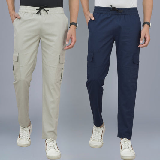 Pack Of 2 Mens Melange Grey And Navy Blue Twill Straight Cargo Pants Combo