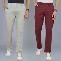 Combo Pack Of Mens Melange Grey And Wine Regualr Fit Cotton Trouser