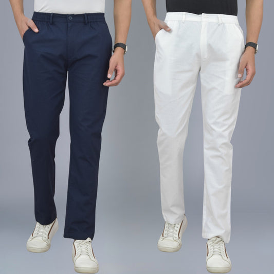 Pack Of 2 Navy Blue And White Airy Linen Summer Cool Cotton Comfort Pants For Men
