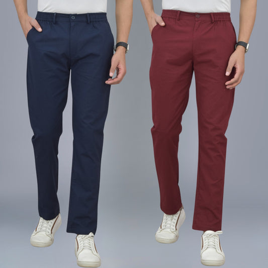 Combo Pack Of Mens Navy Blue And Wine Regualr Fit Cotton Trouser