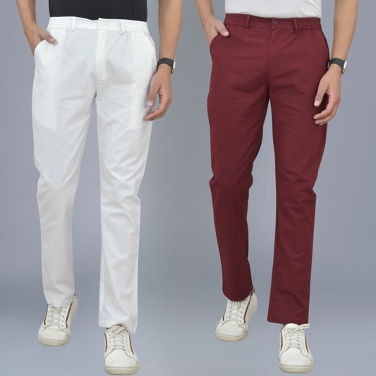 Combo Pack Of Mens White And Wine Regualr Fit Cotton Trouser
