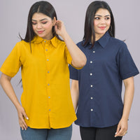 Pack Of 2 Womens Solid Mustard And Navy Blue Half Sleeve Cotton Shirts Combo