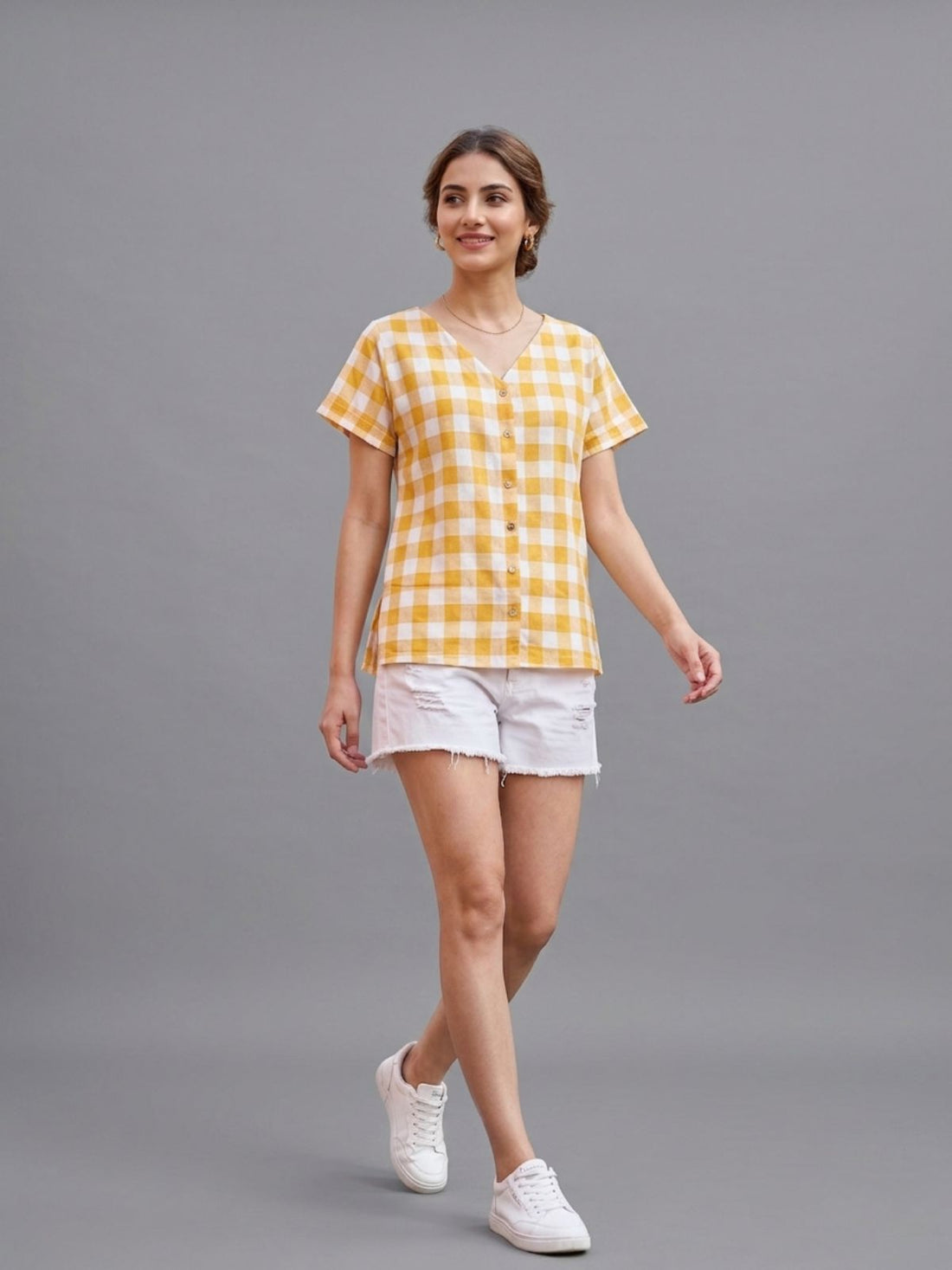 Women Mustard Cotton Checks Shirt