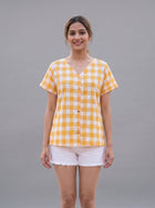 Women Mustard Cotton Checks Shirt