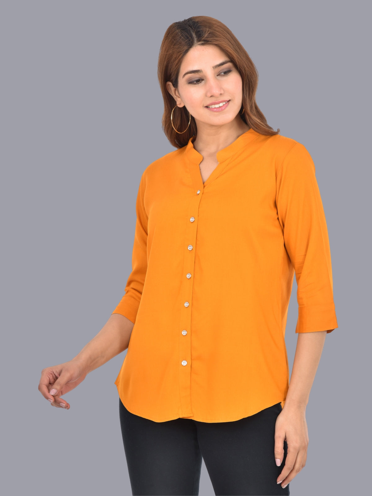 Womens Mustard Regular Fit Chinese Collar Rayon Shirt