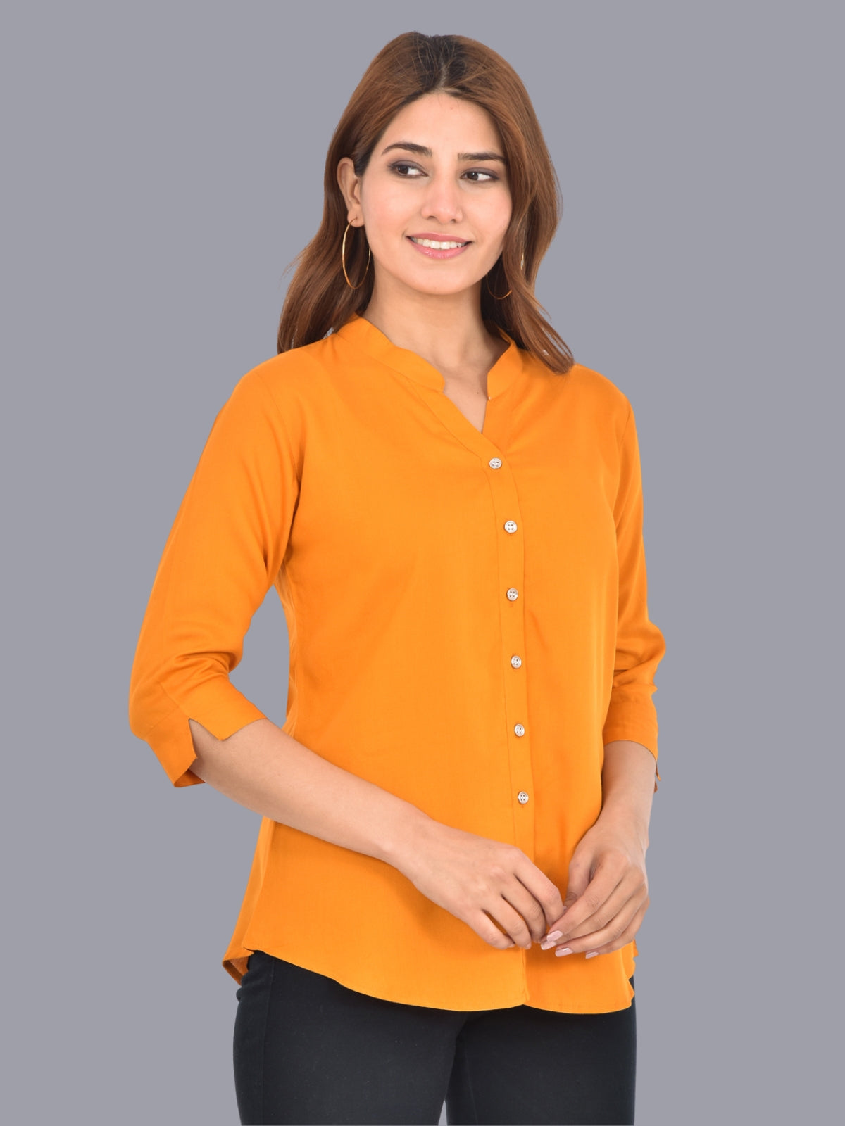 Womens Mustard Regular Fit Chinese Collar Rayon Shirt