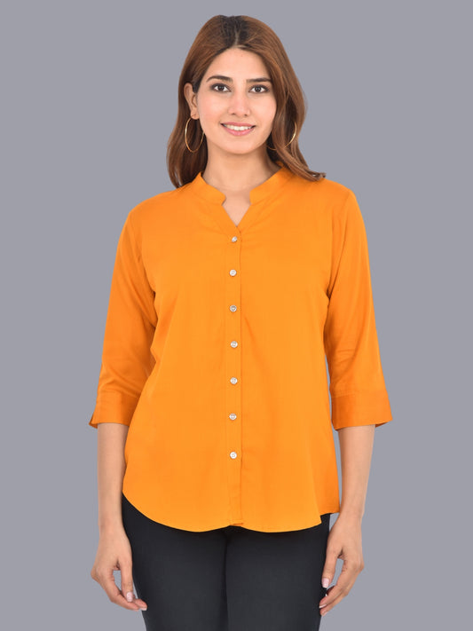 Womens Mustard Regular Fit Chinese Collar Rayon Shirt