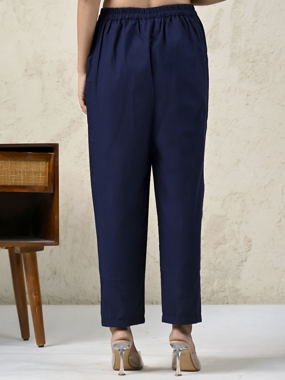 Womens Navy Blue Side Pocket Pure Cotton Straight Cargo Pant