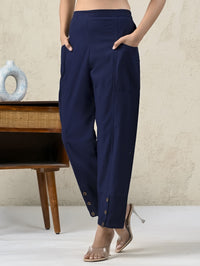 Womens Navy Blue Side Pocket Pure Cotton Straight Cargo Pant