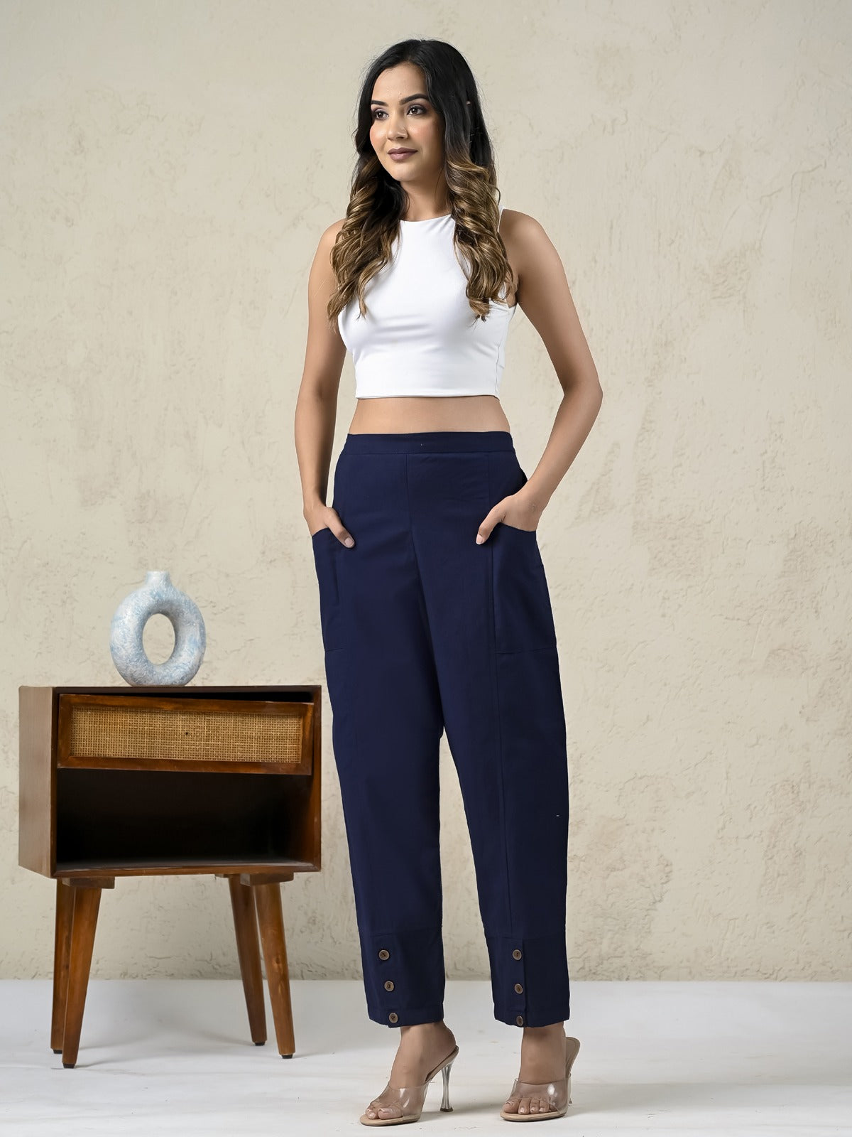 Womens Navy Blue Side Pocket Pure Cotton Straight Cargo Pant