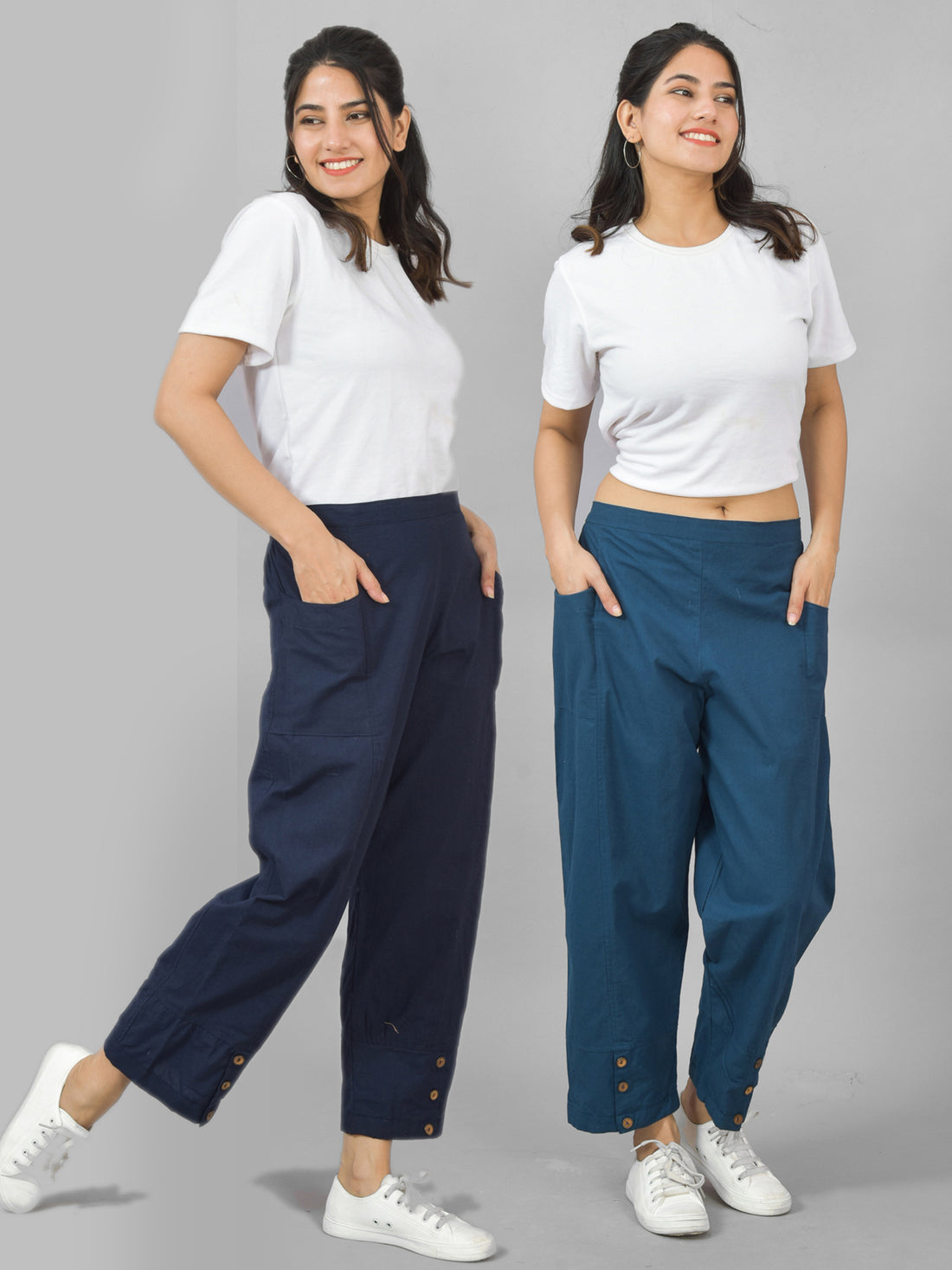Combo Pack Of Womens Navy Blue And Teal Blue Side Pocket Straight Cargo Pants