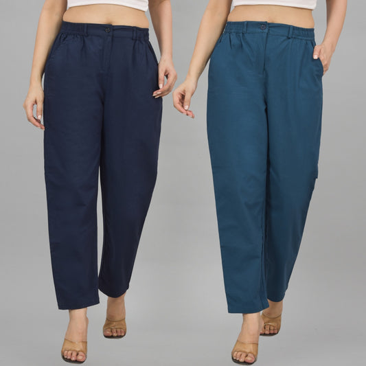Combo Pack Of 2 Navy Blue And Teal Blue Womens Cotton Formal Pants