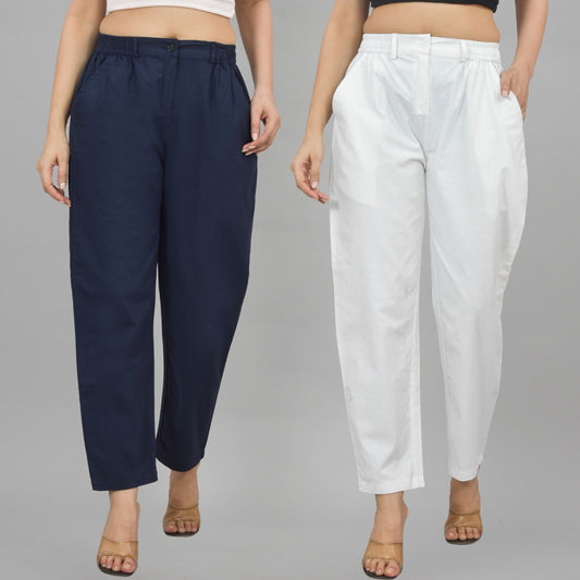 Combo Pack Of 2 Navy Blue And White Womens Cotton Formal Pants