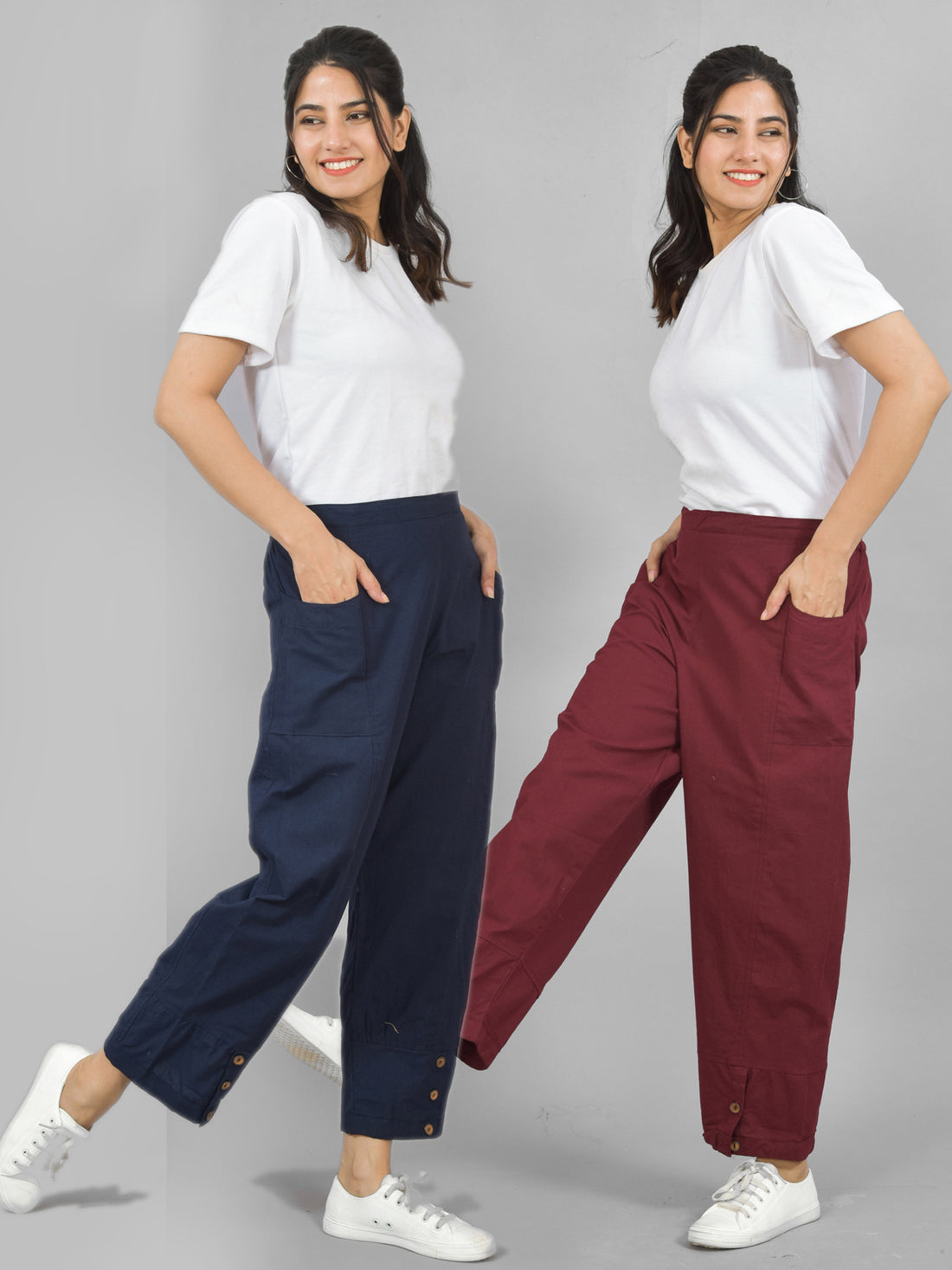 Combo Pack Of Womens Navy Blue And Wine Side Pocket Straight Cargo Pants