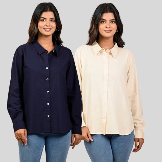 Women Navy Blue And Off White Solid Airy Linen Cotton Shirts Combo