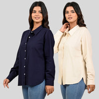 Women Navy Blue And Off White Solid Airy Linen Cotton Shirts Combo