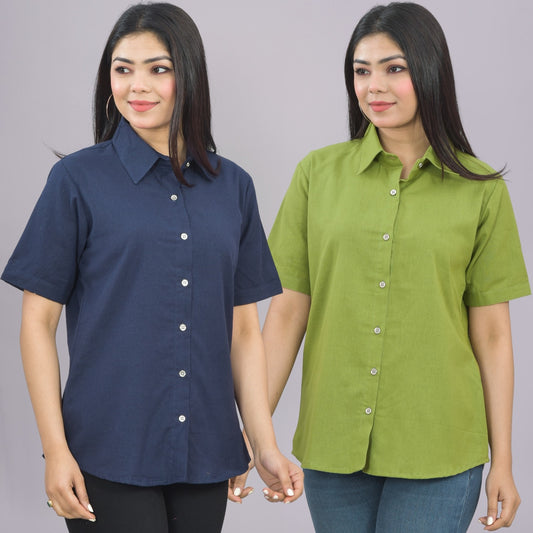 Pack Of 2 Womens Solid Navy Blue And Olive Green Half Sleeve Cotton Shirts Combo