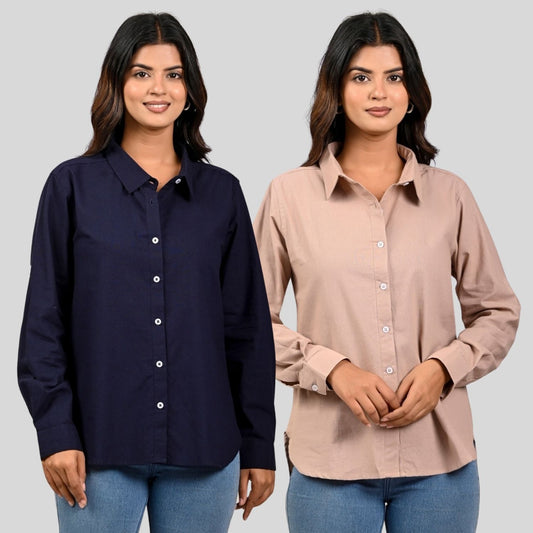 Women Navy Blue And Peach Solid Airy Linen Cotton Shirts Combo