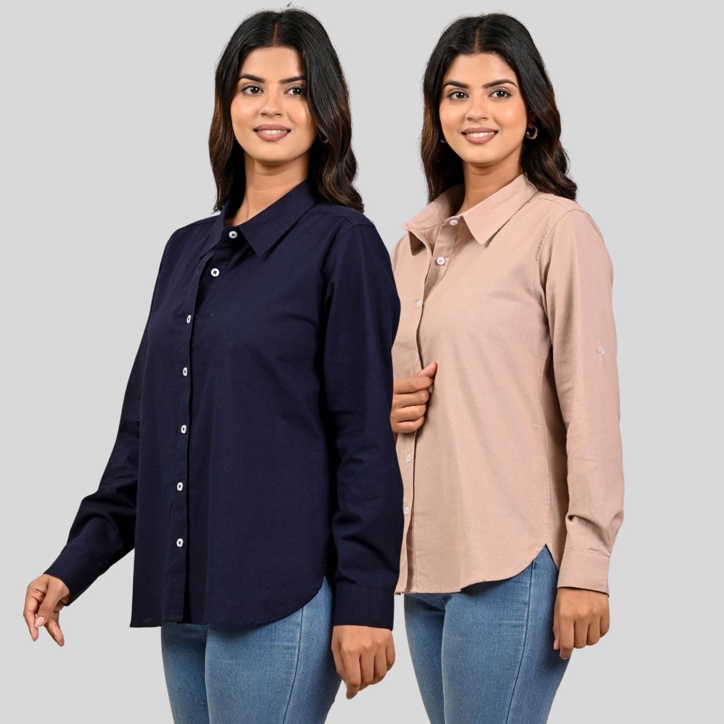 Women Navy Blue And Peach Solid Airy Linen Cotton Shirts Combo