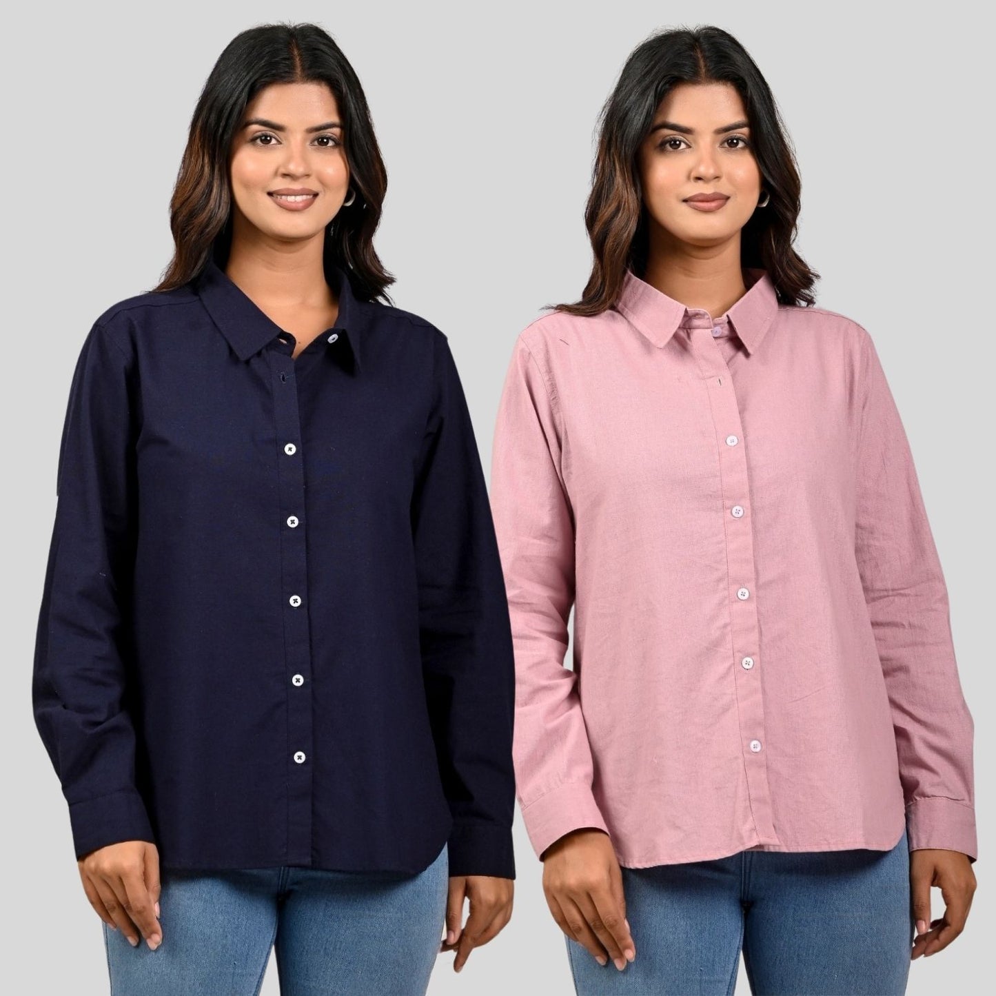 Women Navy Blue And Pink Solid Airy Linen Cotton Shirts Combo