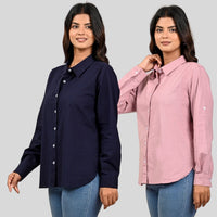 Women Navy Blue And Pink Solid Airy Linen Cotton Shirts Combo