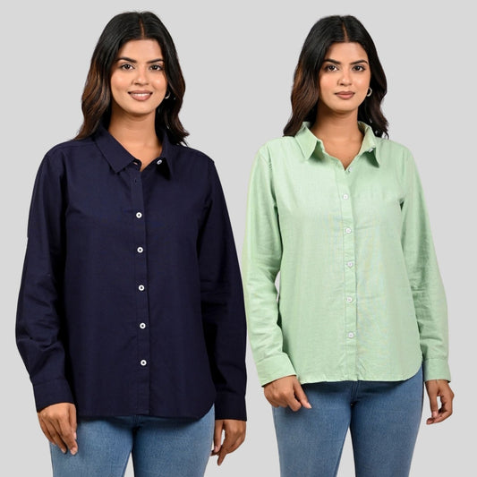 Women Navy Blue And Pista Green Solid Airy Linen Cotton Shirts Combo