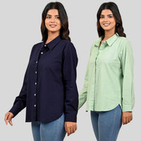 Women Navy Blue And Pista Green Solid Airy Linen Cotton Shirts Combo