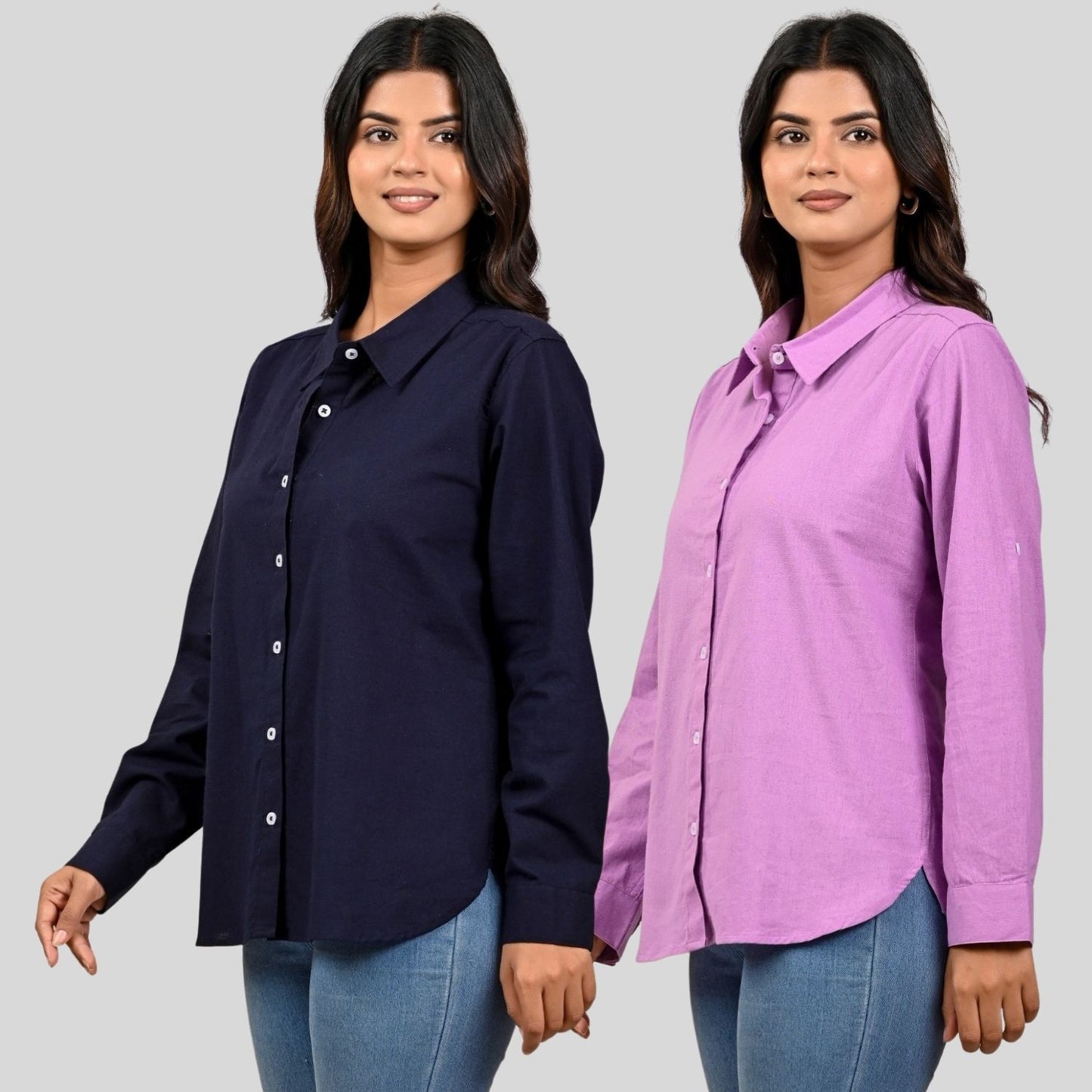 Women Navy Blue And Purple Solid Airy Linen Cotton Shirts Combo