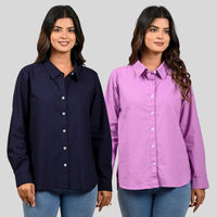 Women Navy Blue And Purple Solid Airy Linen Cotton Shirts Combo