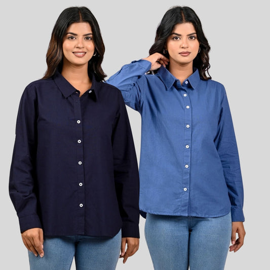 Women Navy Blue And Teal Blue Solid Airy Linen Cotton Shirts Combo