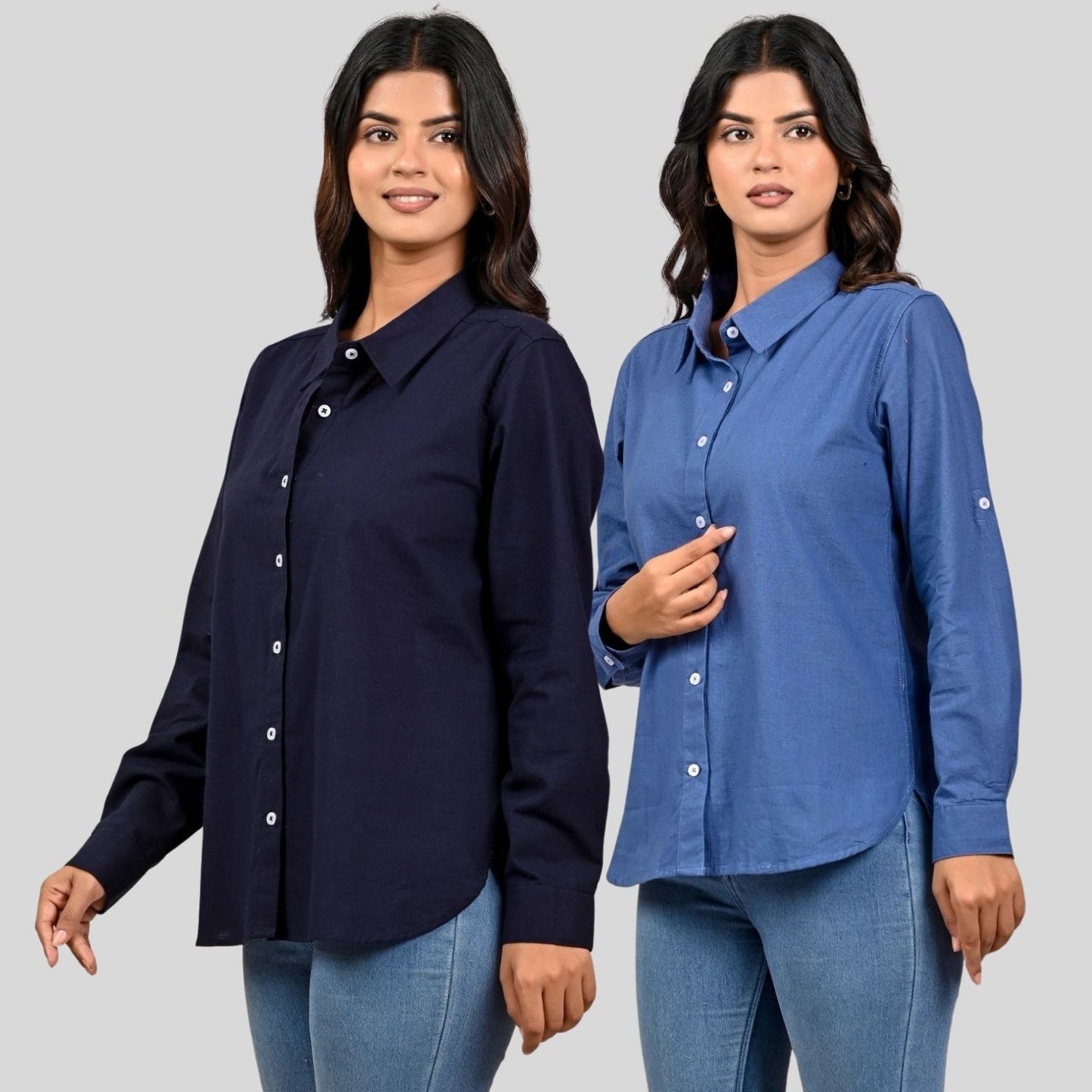 Women Navy Blue And Teal Blue Solid Airy Linen Cotton Shirts Combo