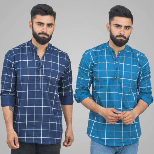 Pack Of 2 Mens Navy Blue And Teal Blue Wide Check Cotton Short Kurta Combo