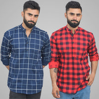 Pack Of 2 Mens Navy Blue Wide And Red Check Cotton Short Kurta Combo