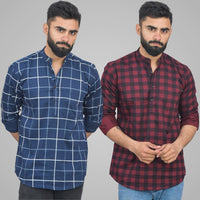Pack Of 2 Mens Navy Blue Wide And Wine Check Cotton Short Kurta Combo