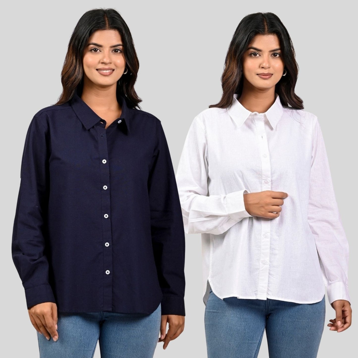 Women Navy Blue And White Solid Airy Linen Cotton Shirts Combo