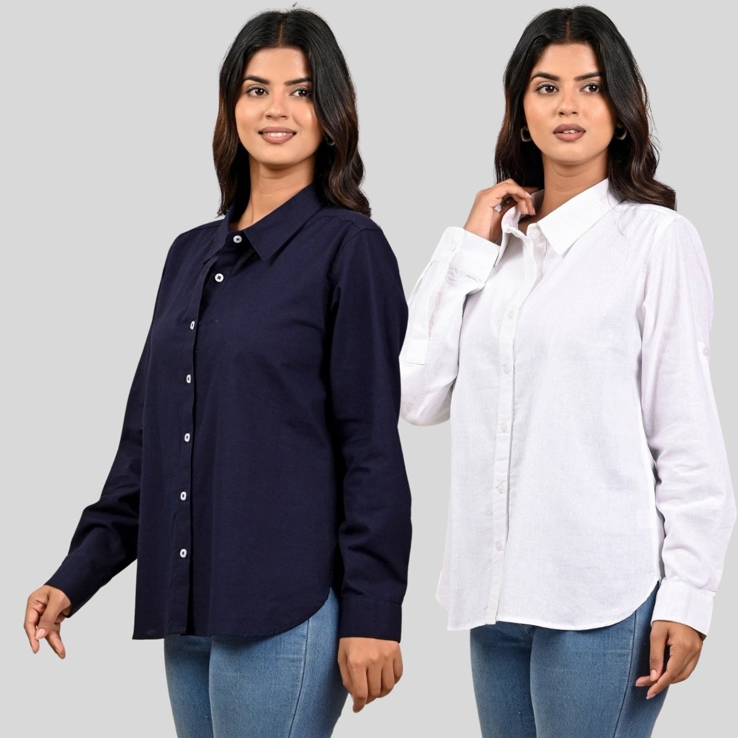 Women Navy Blue And White Solid Airy Linen Cotton Shirts Combo