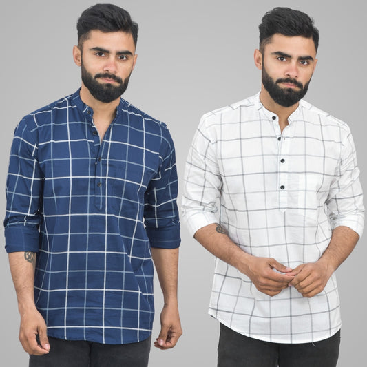 Pack Of 2 Mens Navy Blue And White Wide Check Cotton Short Kurta Combo