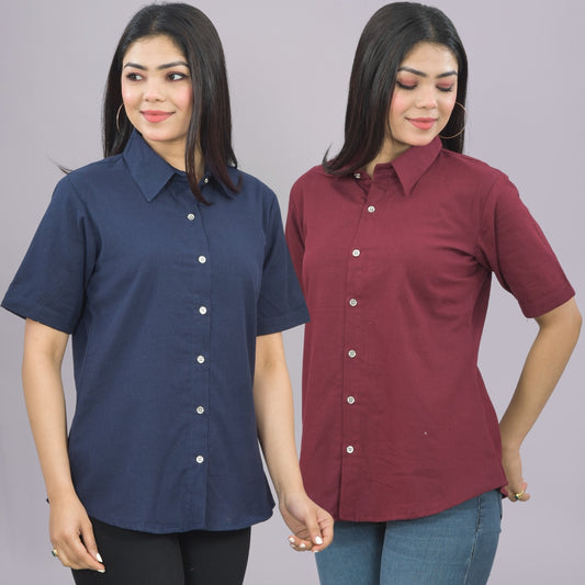Pack Of 2 Womens Solid Navy Blue And Wine Half Sleeve Cotton Shirts Combo
