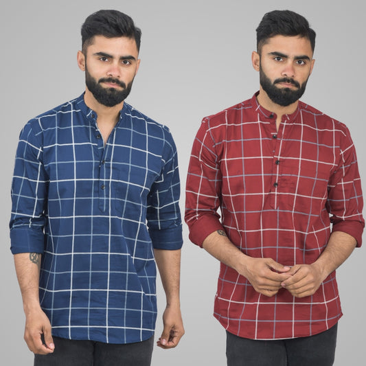 Pack Of 2 Mens Navy Blue And Wine Wide Check Cotton Short Kurta Combo