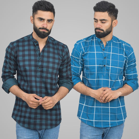 Pack Of 2 Mens Ocian Blue And Teal Blue Wide Check Cotton Short Kurta Combo