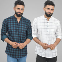 Pack Of 2 Mens Ocian Blue And White Wide Check Cotton Short Kurta Combo