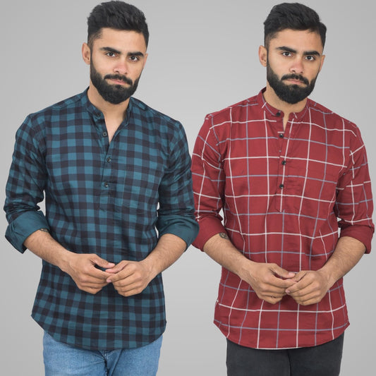 Pack Of 2 Mens Ocian Blue And Wine Wide Check Cotton Short Kurta Combo