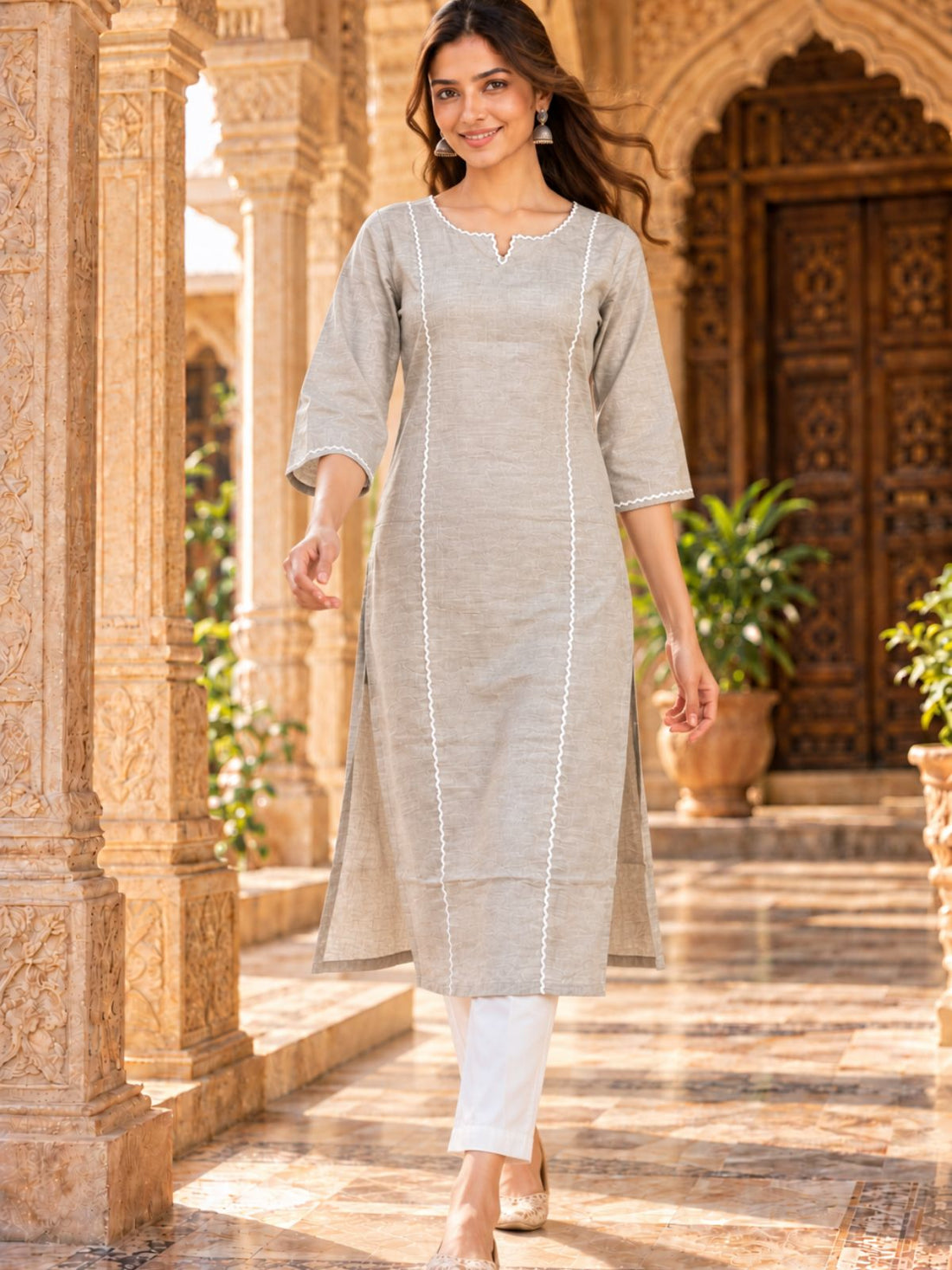 Off White South Cotton straight Kurti with Lace