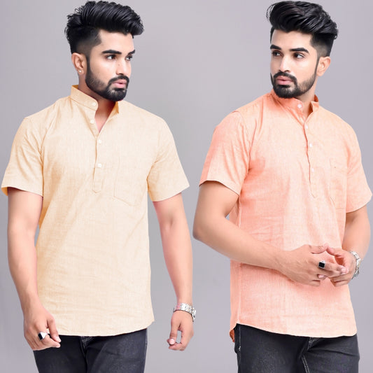 Pack of 2 Mens Solid Off White And Orange Khadi Cotton Short Kurta Combo